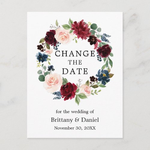 Watercolor Floral Wreath Change The Date Postcard