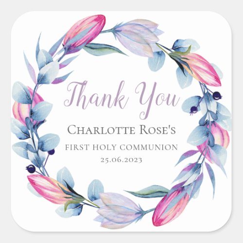 Watercolor Floral Wreath Communion Thank You Square Sticker