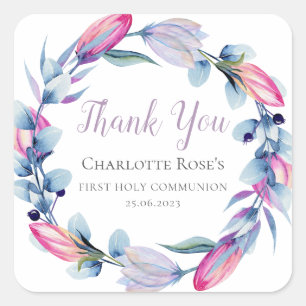 Watercolor Floral Wreath Communion Thank You Square Sticker