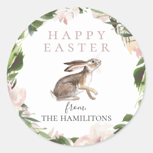 Watercolor Floral Wreath Easter Bunny Classic Round Sticker