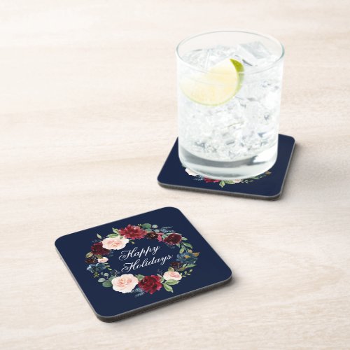 Watercolor Floral Wreath Elegant Happy Holidays Beverage Coaster