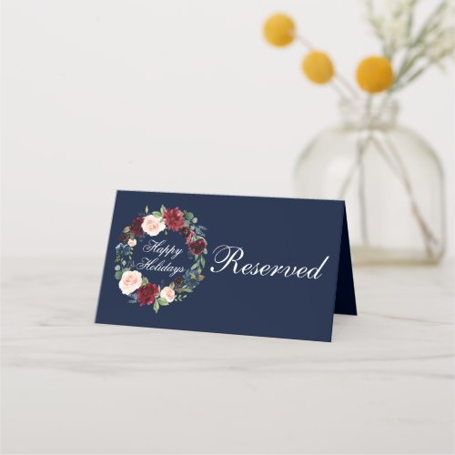 Watercolor Floral Wreath Elegant Happy Holidays Place Card