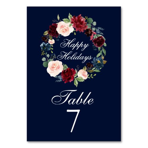 Watercolor Floral Wreath Elegant Happy Holidays Table Number