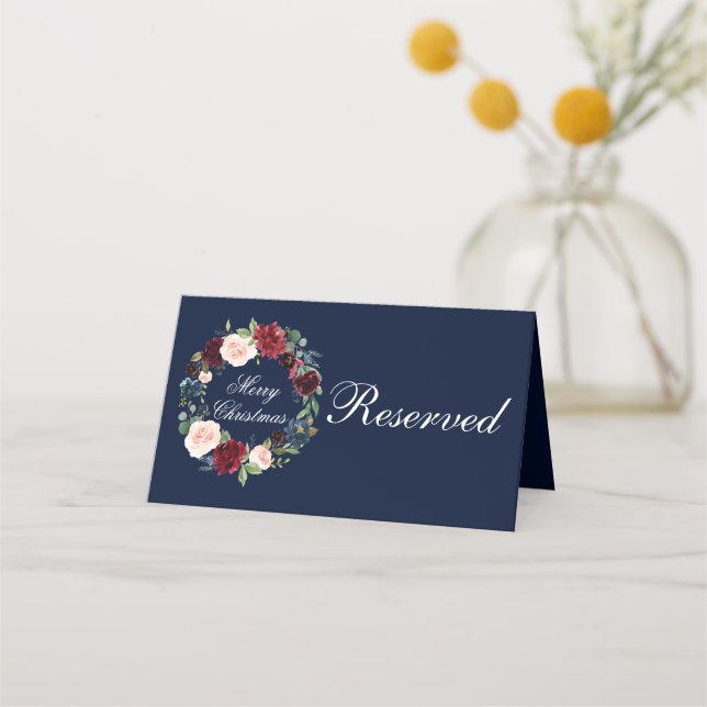 Watercolor Floral Wreath Elegant Merry Christmas Place Card (Front)