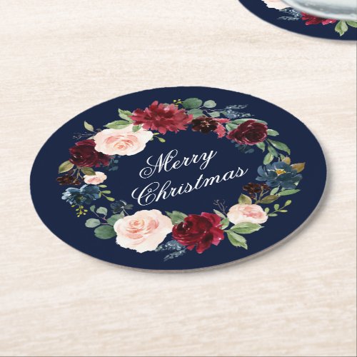 Watercolor Floral Wreath Elegant Merry Christmas Round Paper Coaster