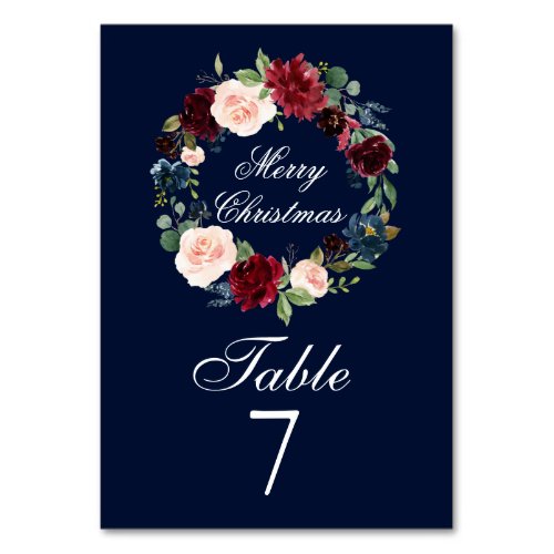 Watercolor Floral Wreath Elegant Merry Christmas Table Number