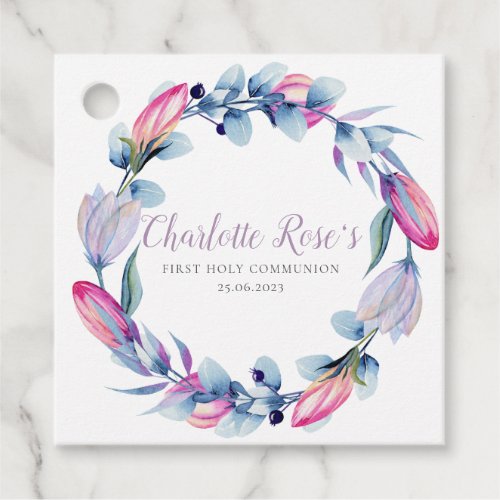 Watercolor Floral Wreath First Communion Mauve Favor Tags