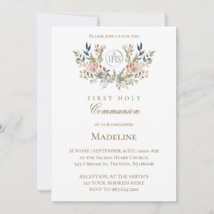 watercolor floral wreath first holy communion invitation