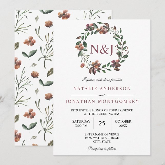 watercolor floral wreath flowers elegant invitation (Front/Back)