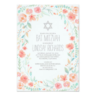 Watercolor Floral Wreath Garden Bat Mitzvah Card