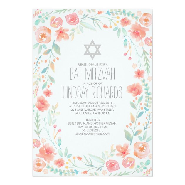 Watercolor Floral Wreath Garden Bat Mitzvah Invitation