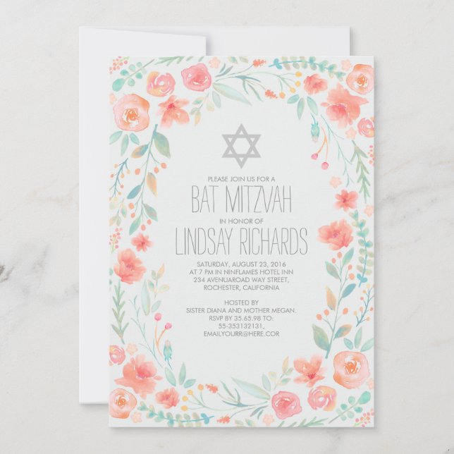 Watercolor Floral Wreath Garden Bat Mitzvah Invitation (Front)