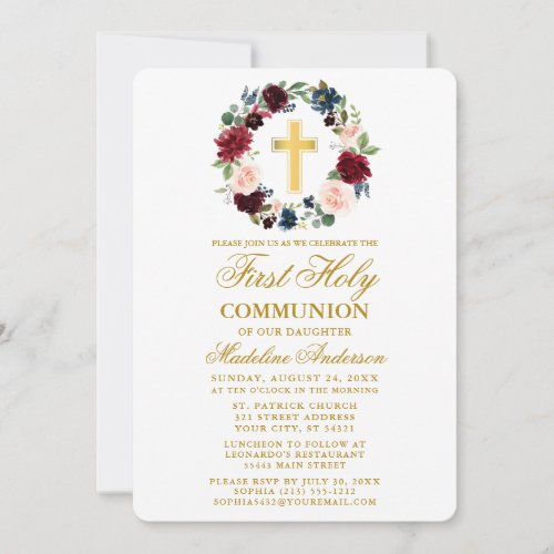 Watercolor Floral Wreath Gold First Communion Invitation