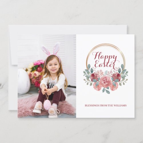 Watercolor Floral Wreath Happy Easter Photo Holiday Card