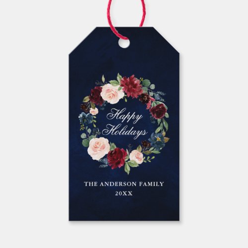 Watercolor Floral Wreath Happy Holidays Blue Gift Tags