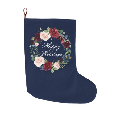 Watercolor Floral Wreath Happy Holidays Blue Large Christmas Stocking