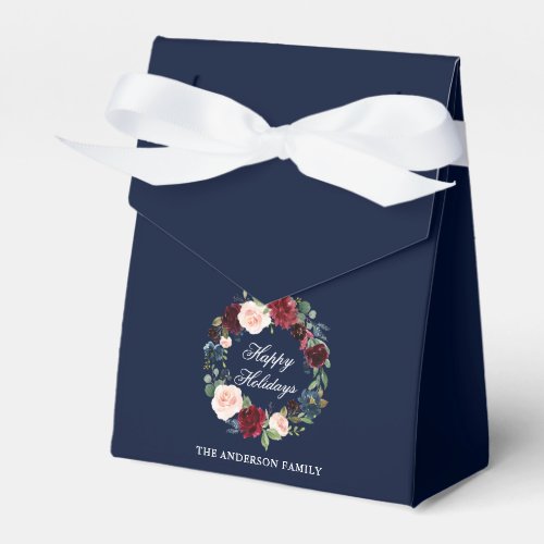 Watercolor Floral Wreath Happy Holidays Bow Favor Boxes