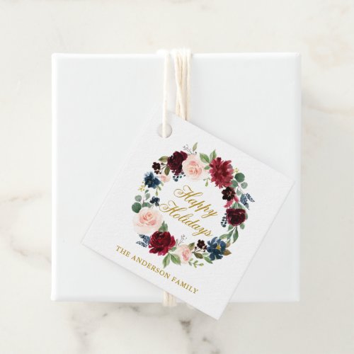 Watercolor Floral Wreath Happy Holidays Gold Favor Tags