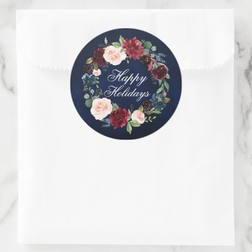 Watercolor Floral Wreath Happy Holidays Round Classic Round Sticker