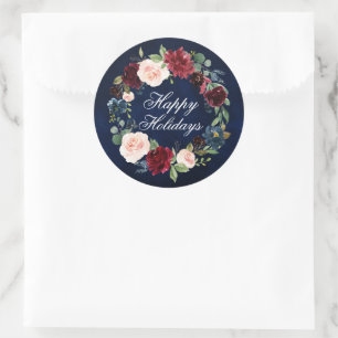 Watercolor Floral Wreath Happy Holidays Round Classic Round Sticker
