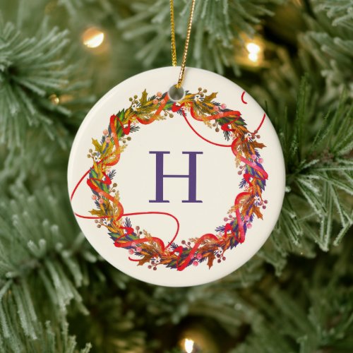 Watercolor Floral Wreath Initial Christmas Ceramic Ornament