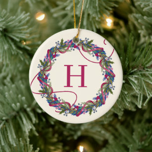 Watercolor Floral Wreath Initial Christmas Ceramic Ornament