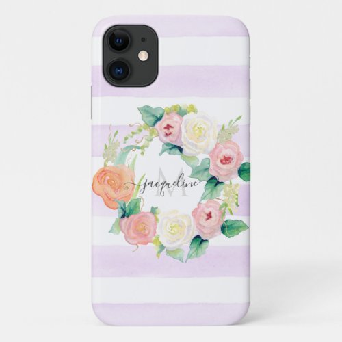 Watercolor Floral Wreath Lavender n White Striped iPhone 11 Case