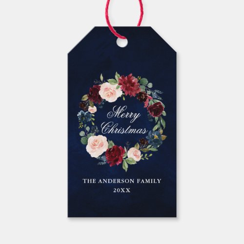 Watercolor Floral Wreath Merry Christmas Blue Gift Tags