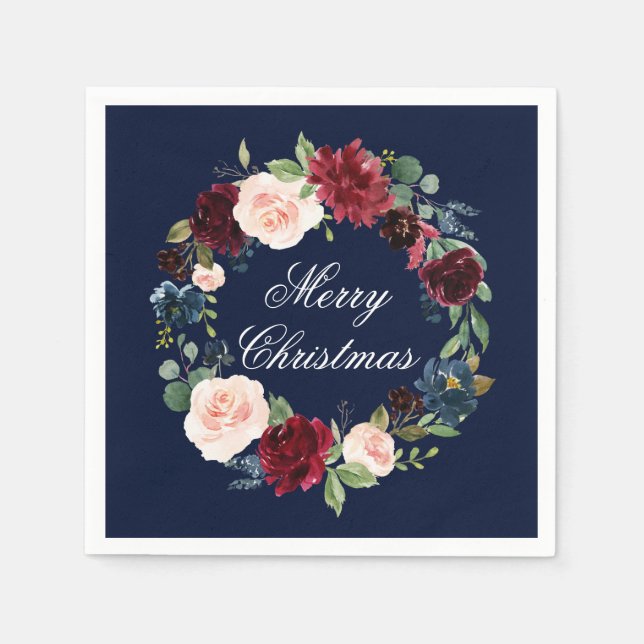 Watercolor Floral Wreath Merry Christmas Blue Napkins (Front)