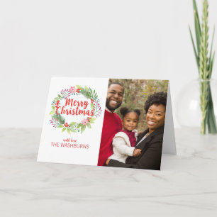 Watercolor Floral Wreath Merry Christmas Photo Card
