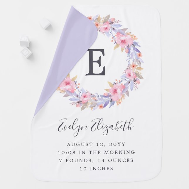 Watercolor Floral Wreath Monogram Birth Stats Baby Blanket (In Situ)