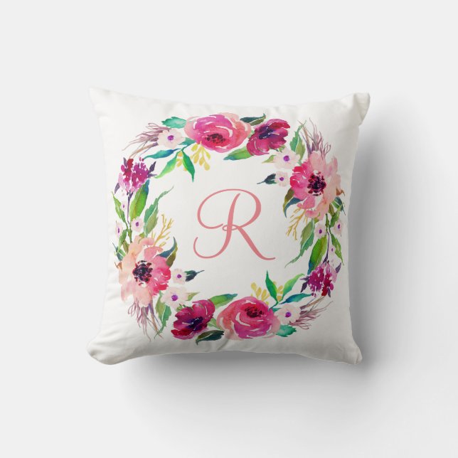 Watercolor  Floral Wreath Monogram Throw Pillow (Front)