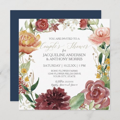 Watercolor Floral Wreath Navy Blush Red Flowers  Invitation