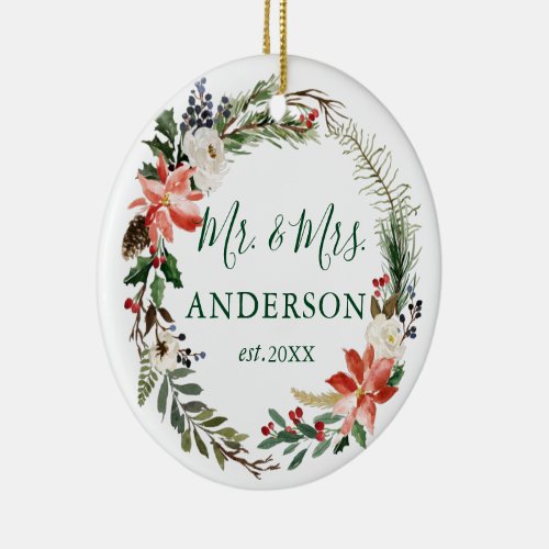 Watercolor Floral Wreath Newlywed PHOTO BACK Ceramic Ornament