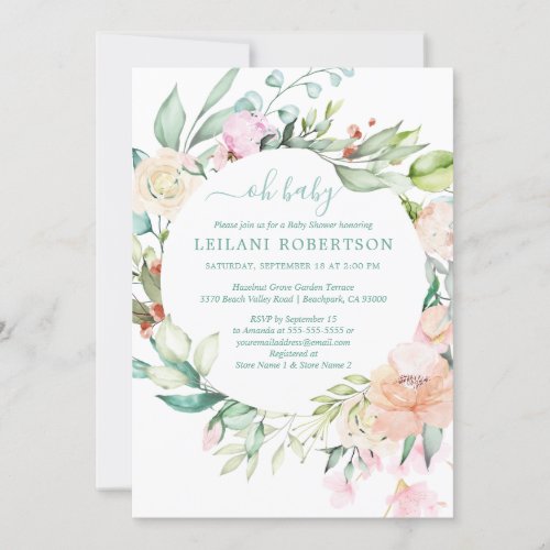 Watercolor Floral Wreath Oh Baby Pastel Shower Invitation