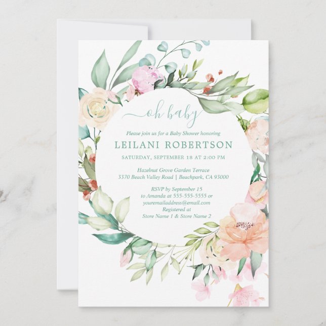 Watercolor Floral Wreath Oh Baby Pastel Shower Invitation (Front)