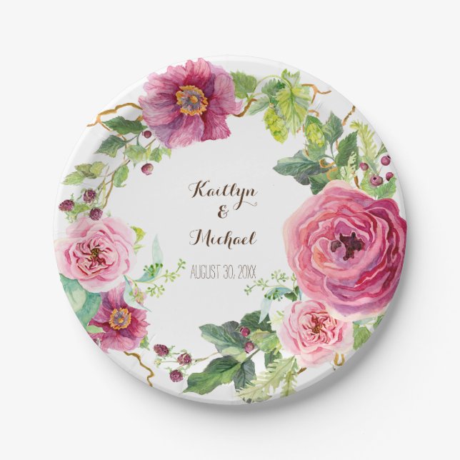 Watercolor Floral Wreath Peony Rose Bridal Shower Paper Plates (Front)