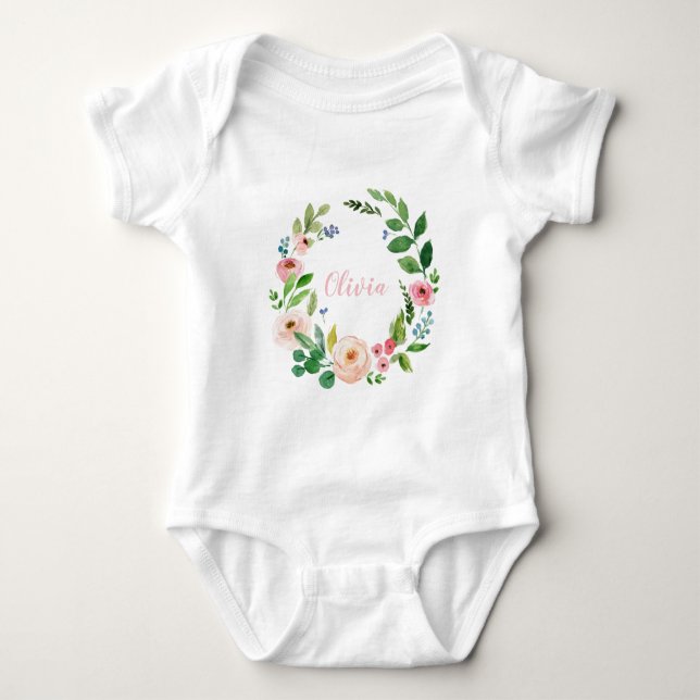 Watercolor floral wreath personalised baby bodysuit (Front)