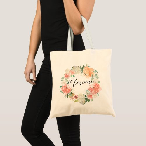 Watercolor Floral Wreath Personalized Bridesmaid Tote Bag