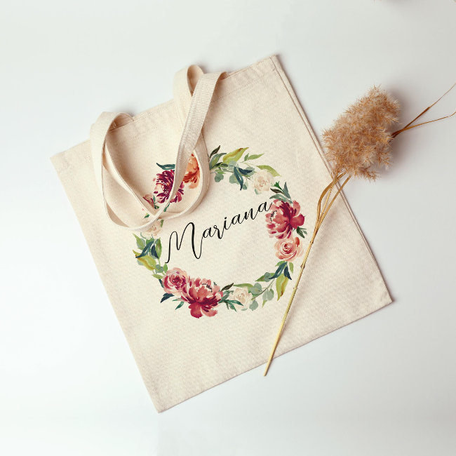 Watercolor Floral Wreath Personalized Bridesmaid Tote Bag