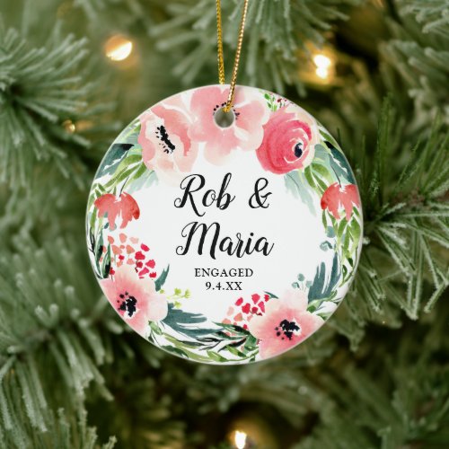 Watercolor Floral Wreath Personalized Engagement Ceramic Ornament