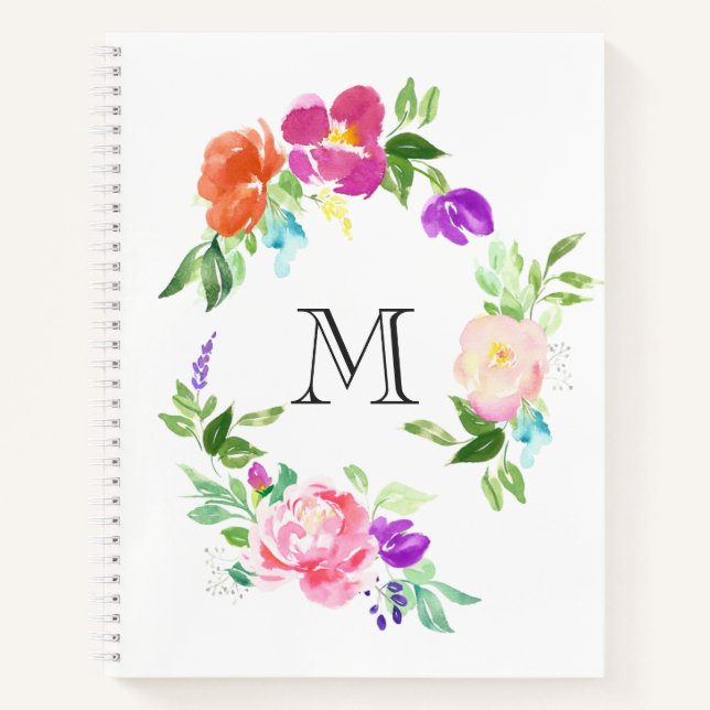 Watercolor Floral Wreath Personalized Monogram Notebook (Front)