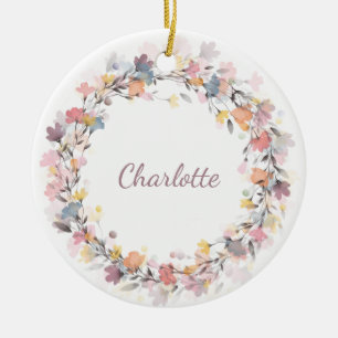 Watercolor Floral Wreath Personalized Name Ceramic Ornament