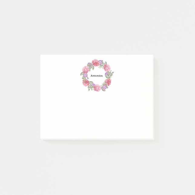 Watercolor Floral Wreath Personalized Post-it Notes (Front)