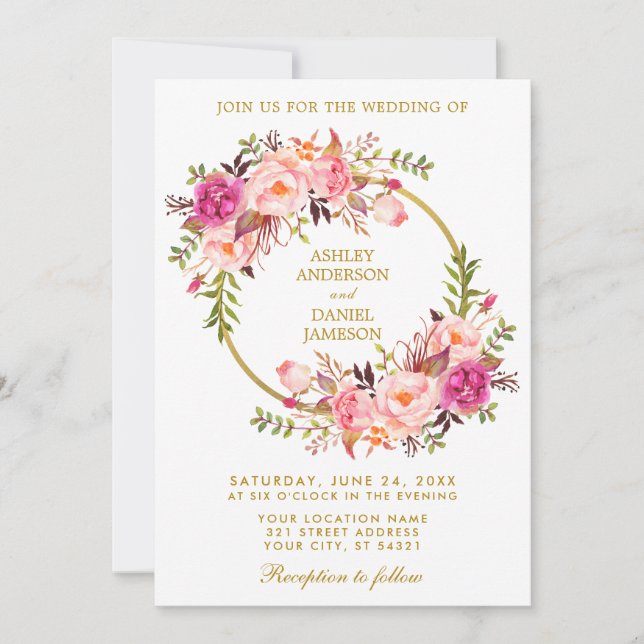 Watercolor Floral Wreath Pink Blush Gold Wedding Invitation (Front)
