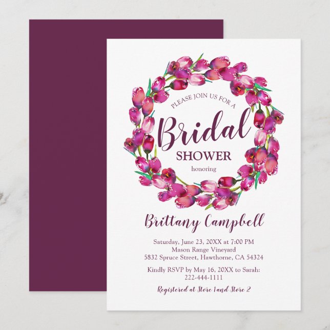 Watercolor Floral Wreath Pink Bridal Shower Invitation (Front/Back)