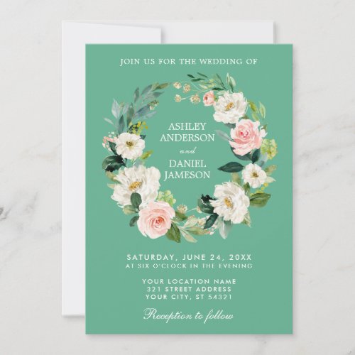 Watercolor Floral Wreath Pink White Gold Neo Mint Invitation