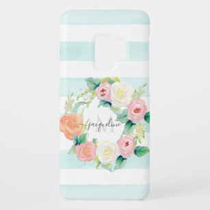Watercolor Floral Wreath Pink White Stripe w Name Case-Mate Samsung Galaxy S9 Case