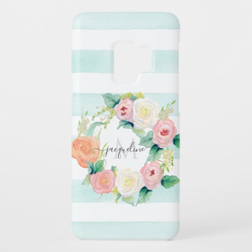 Watercolor Floral Wreath Pink White Stripe w Name Case_Mate Samsung Galaxy S9 Case