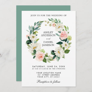 Watercolor Floral Wreath Pink White Wedding GR Invitation
